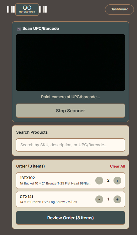 QuickOrder scanner on a phone