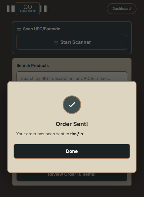 Order sent confirmation